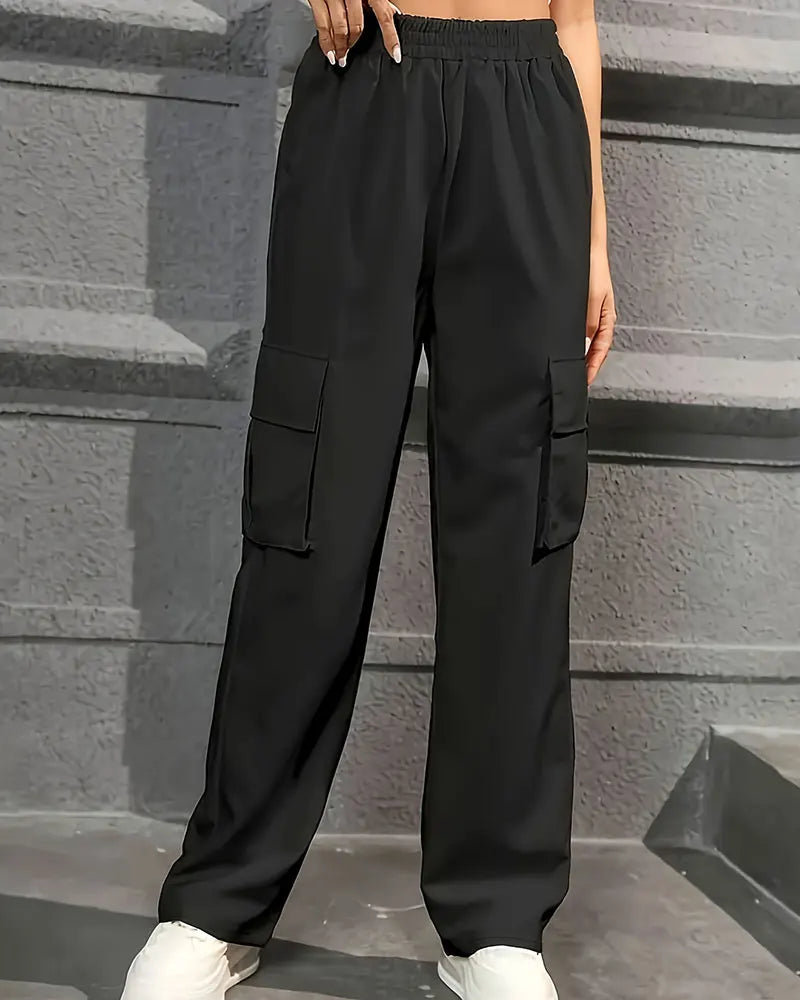Women’s High Waist Wide Leg Workwear Pants Elastic Waist Loose Casual Solid Color Sports Pants