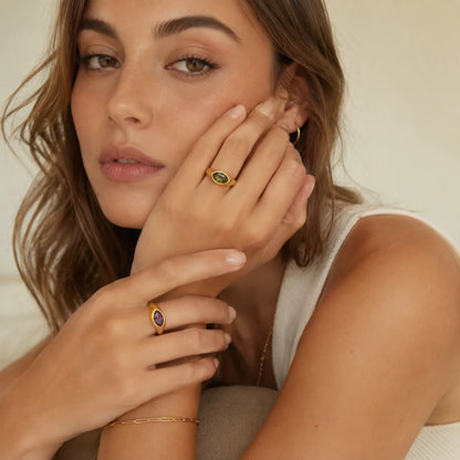 18K Gold Plated Horse Eye Zircon Signet Ring – Hypoallergenic 316L Stainless Steel Colorful Statement Ring for Women