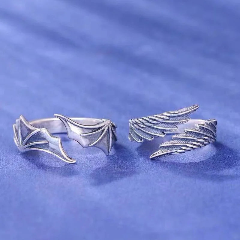 Vintage Angel & Demon Wing Adjustable Couple Ring – Retro Silver Gothic Punk Open Band Ring for Men & Women