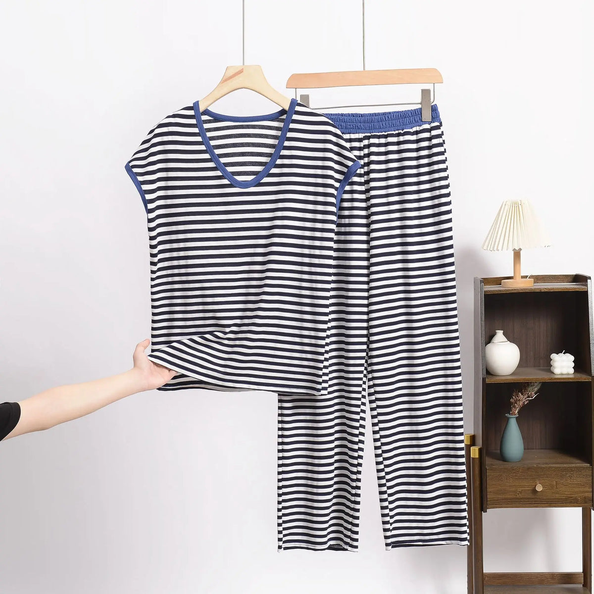 XL-8XL Plus Size Modal Pajama Set – 2PCS Short-Sleeve Striped T-Shirt & Pants, Lightweight Summer Loungewear for Home & Sleep