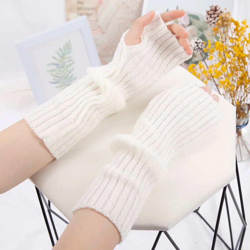 Long Fingerless Gloves for Women Winter Knitted Arm Warmers Kawaii Anime Punk Gothic Lolita Mittens