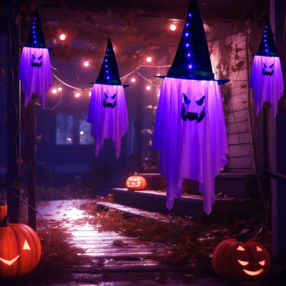 LED Flying Witch Hat Halloween Decorations – Hanging Ghost Lights & Glowing Wizard Lamp for Bar, Party, Dress-Up & Spooky Decor