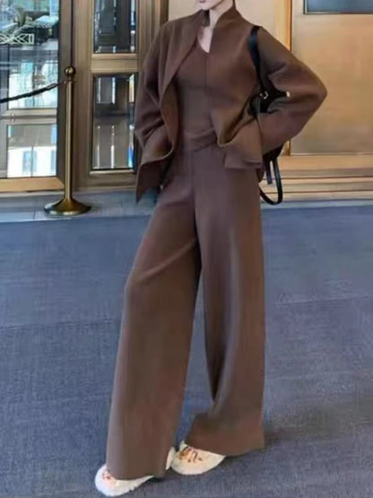 Women’s French Style 3-Piece Knit Sweater Set – Cardigan, Vest & High-Waisted Wide-Leg Pants, Elegant Casual Outfit
