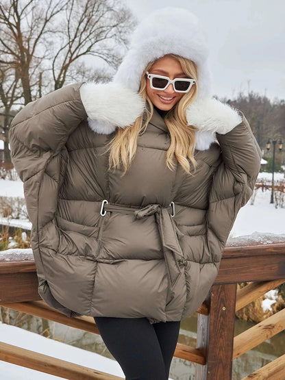 Women's 2026 Hooded Puffer Coat Batwing Sleeve Quilted Winter Jacket with Tie Waist, Warm Loose Fit Casual Streetwear Outerwear