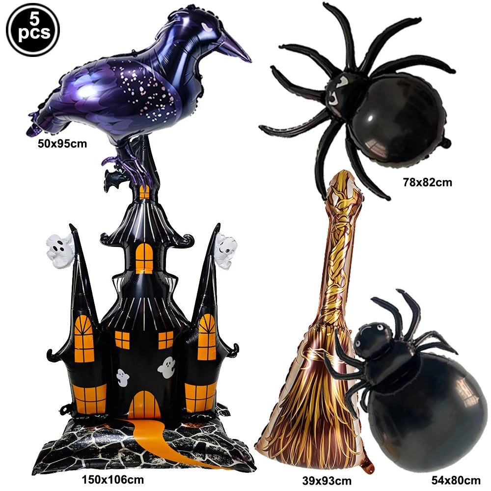 Large Halloween Standing Foil Balloons – Haunted House, Castle, Skull, Coffin & Witch Mylar Balloons for Halloween Party Decorations