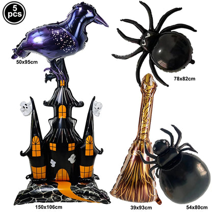 Large Halloween Standing Foil Balloons – Haunted House, Castle, Skull, Coffin & Witch Mylar Balloons for Halloween Party Decorations