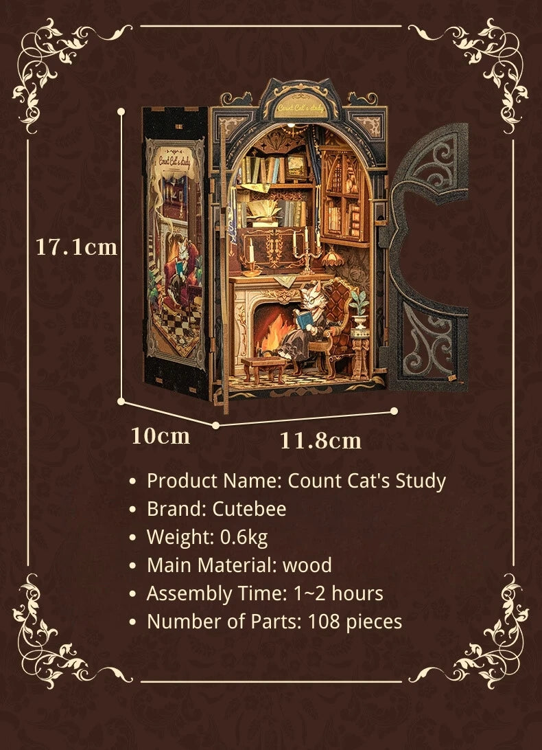 CUTEBEE Kit DIY de Rincón de Libro con Luces LED – Modelo de Estantería en Miniatura de Madera de Búho y Decoración