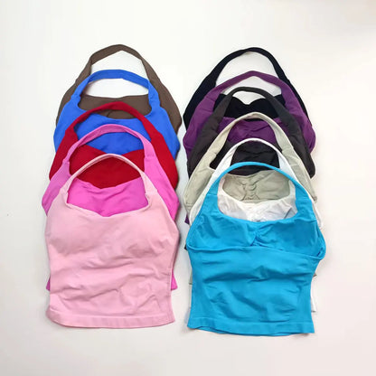Top Deportivo Largo con Tiras para Mujer NCLAGEN – Top Halter Acolchado para Gimnasio, Yoga, Pilates, Correr y Entrenamientos de Fitness
