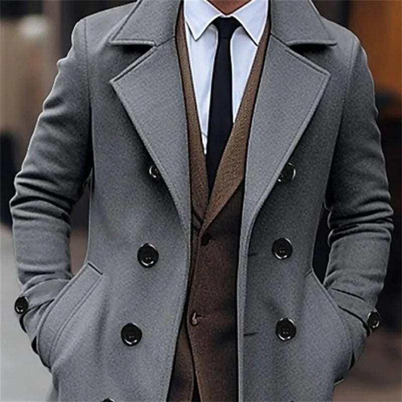 Men’s Long Wool-Blend Trench Coat – Double-Breasted Business Casual Overcoat, Classic English-Style Outerwear for Autumn & Winter