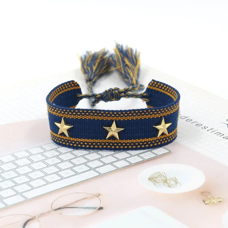 Bohemian Star Tassel Bracelet – Handmade Woven Alloy Gold Rivet Wrist Strap for Women | Ethnic Fashion Jewelry Gift
