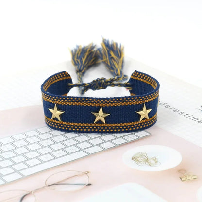 Bohemian Star Tassel Bracelet – Handmade Woven Alloy Gold Rivet Wrist Strap for Women | Ethnic Fashion Jewelry Gift