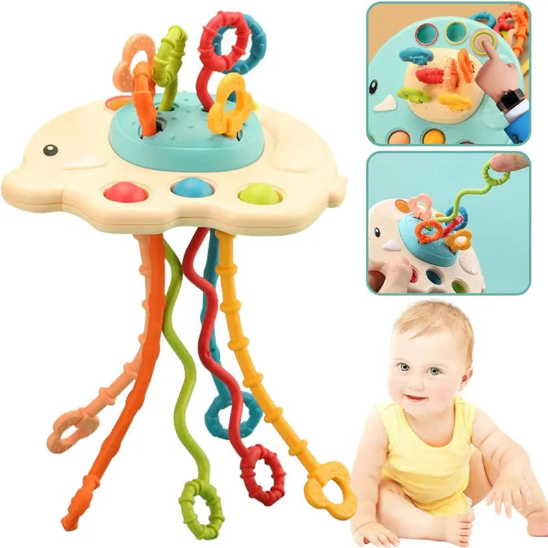 Juguete Sensorial de Silicona Montessori con Cuerda para Bebés – Mordedor Sonajero para Bebés de 6 a 12 Meses