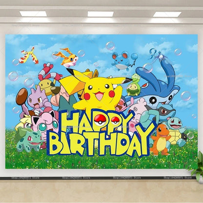 Pokémon Birthday Backdrop – Pikachu Party Photography Background Banner for Kids Birthday, Photo Studio Wall & Party Decoration