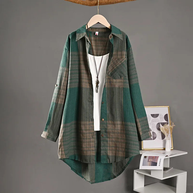 Women's Plaid Linen Shirt – Loose Retro Short-Front Long-Back Cardigan Cover-Up for Spring & Autumn