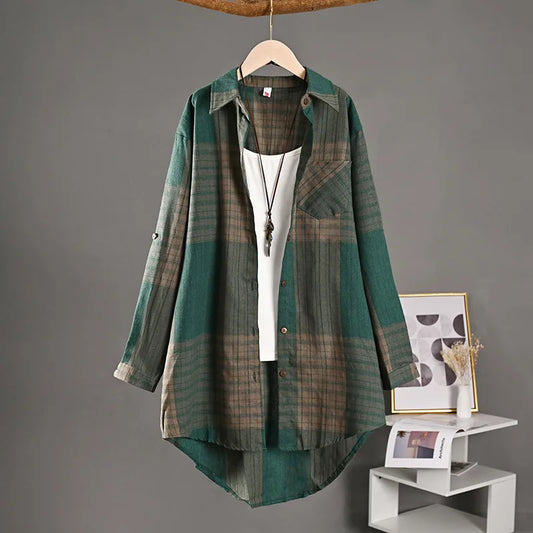 Women's Plaid Linen Shirt – Loose Retro Short-Front Long-Back Cardigan Cover-Up for Spring & Autumn