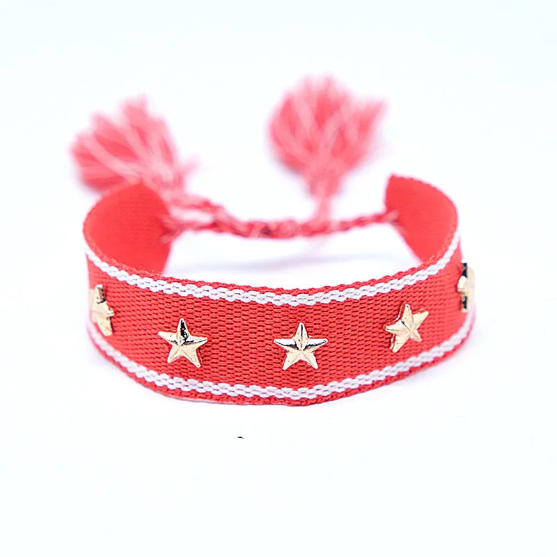 Bohemian Star Tassel Bracelet – Handmade Woven Alloy Gold Rivet Wrist Strap for Women | Ethnic Fashion Jewelry Gift
