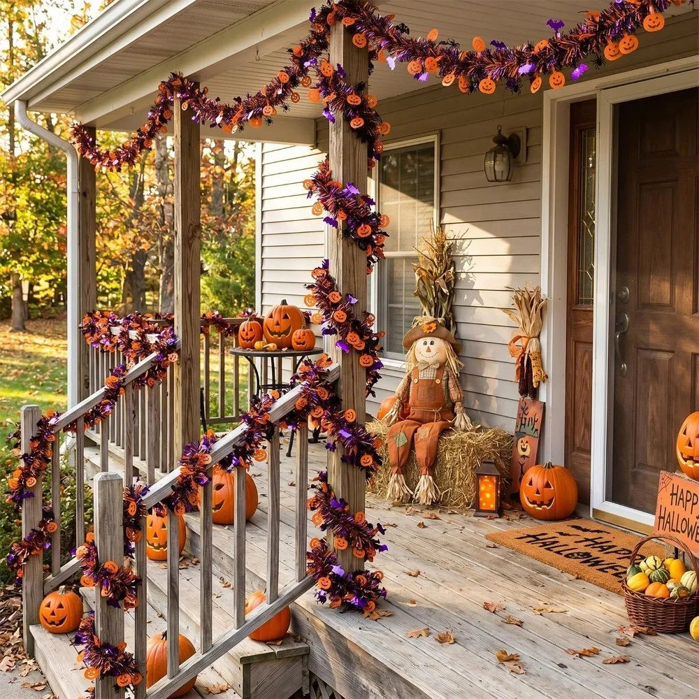 2M/4M Halloween Pumpkin Garland – Black & Orange Pumpkin Cutout Streamer, Spooky Hanging Decor for Front Doors, Outdoor Displays & Halloween Parties