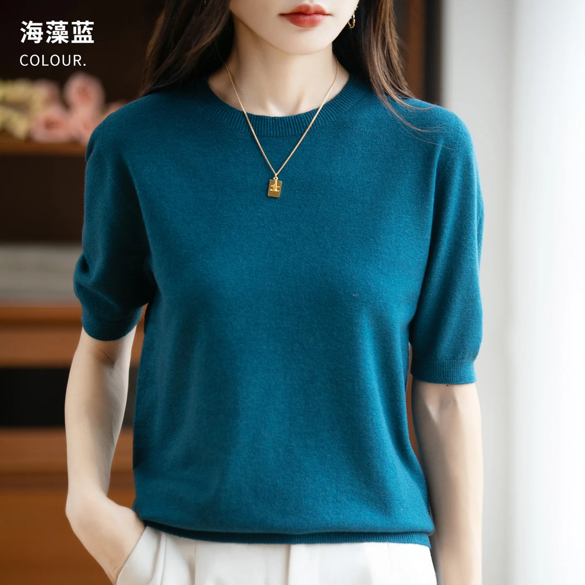 Women's 100% Wool Knitted Sweater – O-Neck Short-Sleeve Pullover, Warm Basic Casual Top for Fall & Winter, Available in 22 Colors