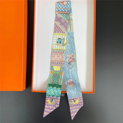 Pañuelo estrecho de sarga de seda 100 % de lujo para mujer, diseño de marca, pañuelo para bolso, pañuelo para el cuello, diadema para el pelo