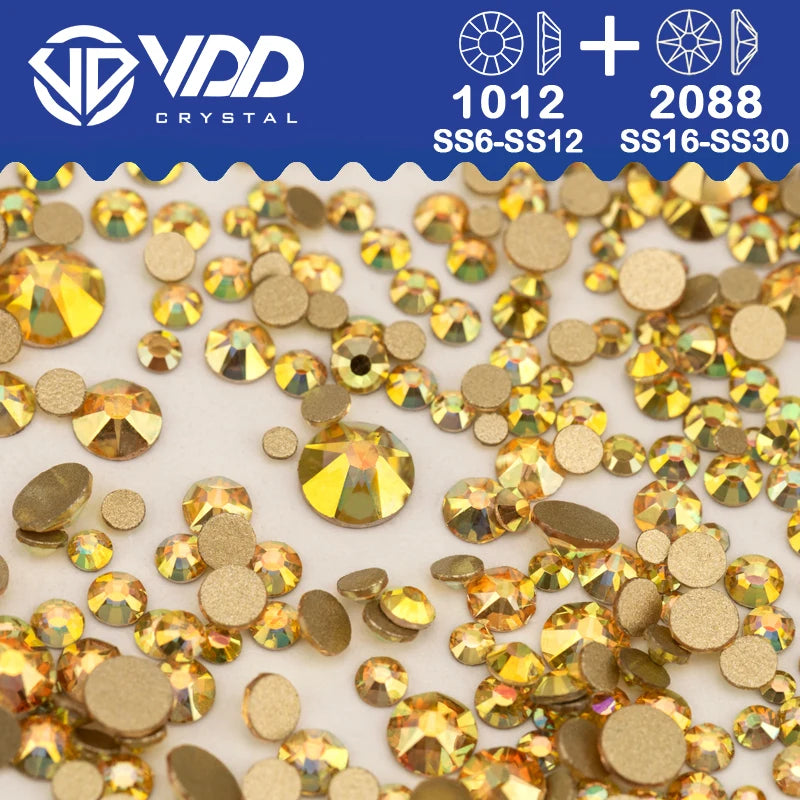 VDD Piedras Preciosas de Cristal Doradas de Fondo Plano – 2088 Cristales de Strass para Arte de Uñas, Manualidades y Decoraciones DIY