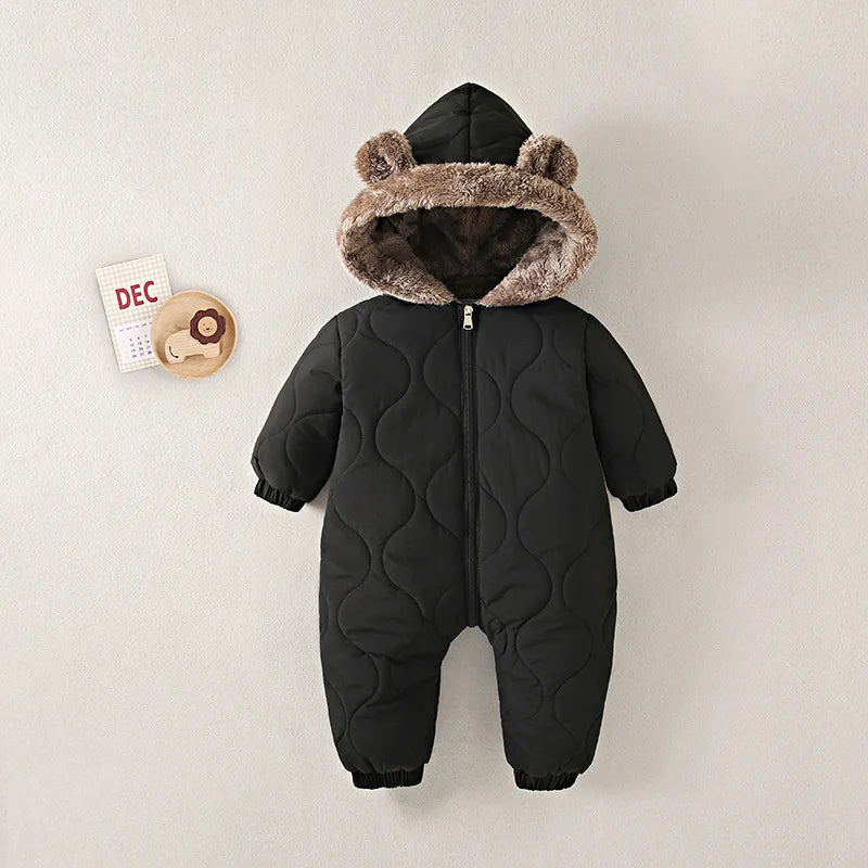0-3 Years Baby Hooded Fleece Onesie – Warm Cotton Autumn & Winter Romper, Solid-Color Newborn Crawling Suit for Infants & Toddlers