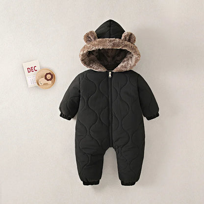 0-3 Years Baby Hooded Fleece Onesie – Warm Cotton Autumn & Winter Romper, Solid-Color Newborn Crawling Suit for Infants & Toddlers