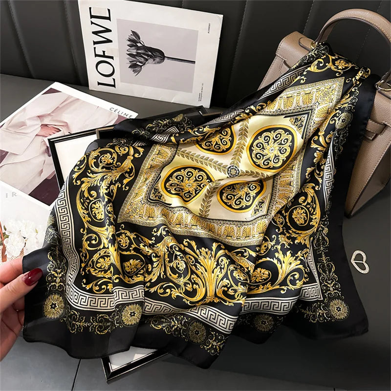 70x70CM Foulard en soie imprimé pour femme – Châle Pashmina carré tendance, tour de cou de luxe, bandeau et bandana décoratif