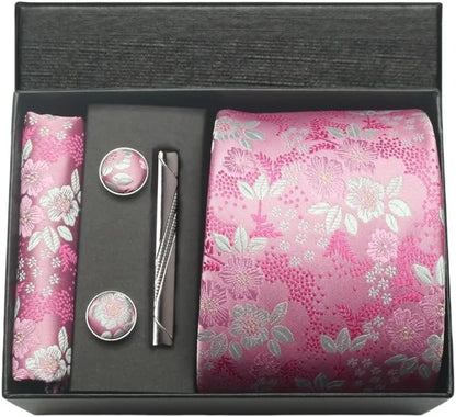 Corbata de seda 100% con diseño floral de Paisley para hombre con pañuelo de bolsillo, pasador de corbata y gemelos en caja de regalo
