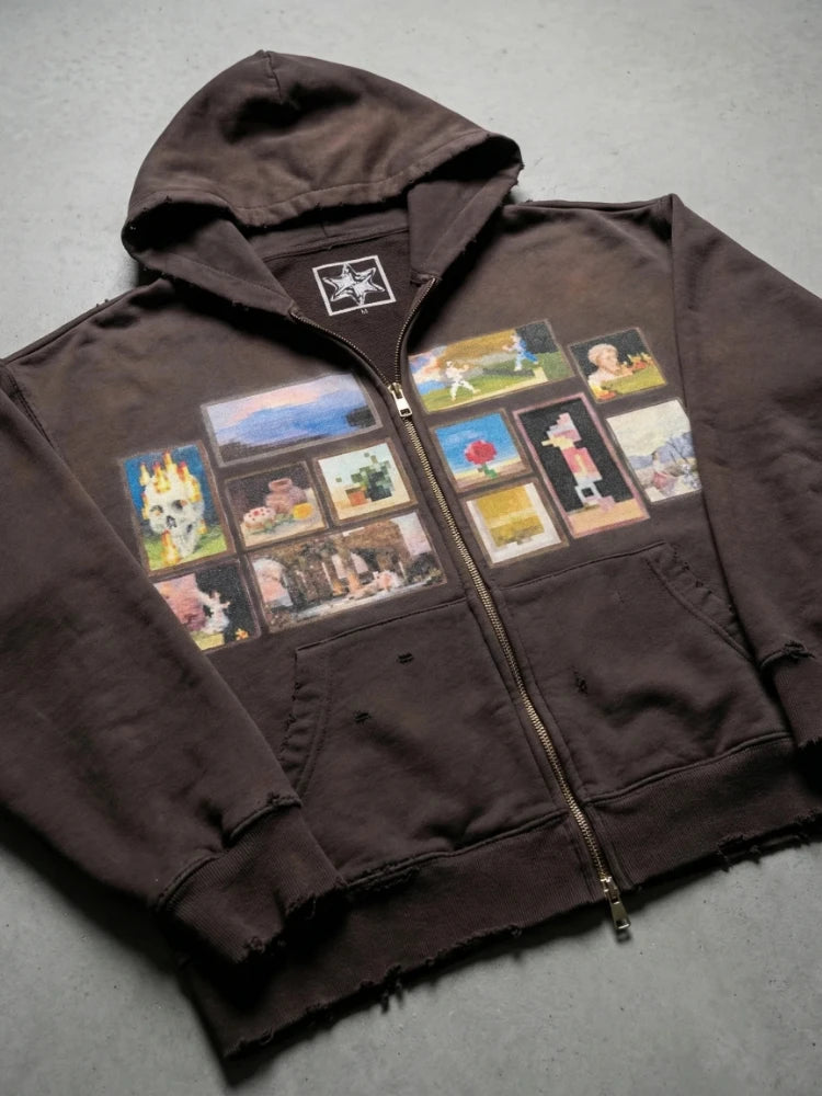 Sweat à capuche zippé marron rétro Y2K, coupe oversize, avec motif graphique pixelisé