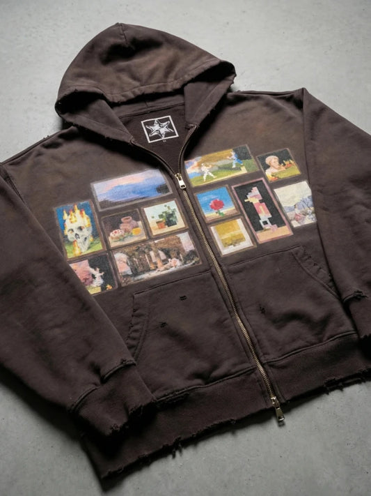 Sudadera con capucha retro marrón estilo Y2K con cremallera, gráfico oversized pixelado, estilo urbano