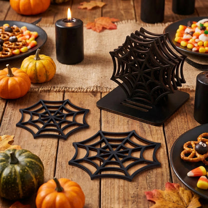 Halloween Spider Web Placemat and Coaster Set, Wooden Spider Web Table Decor with Storage Base, Gothic Halloween Party Table Accessories, Spooky Home Decoration and Party Supplies