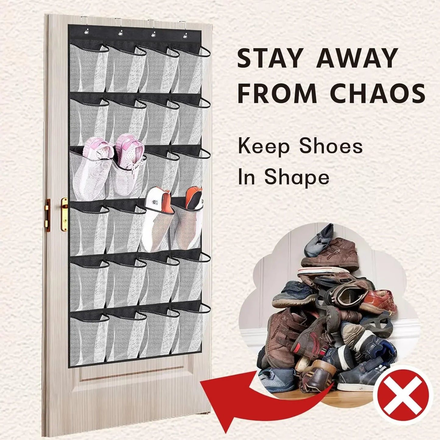 Over-the-Door Shoe Organizer - 12, 14 or 24 Pocket Hanging Shoe Storage with Large Mesh Pockets & 4 Hooks