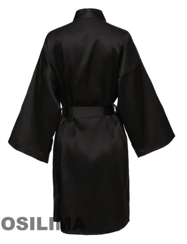 Wedding Party Team Bride Robe – Black Letter Satin Kimono Bridesmaid Bathrobe SP2000