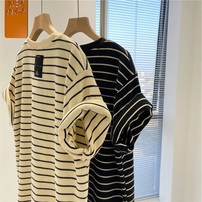 Women’s Korean Style Oversize Striped T-Shirt Loose Casual Short Sleeve Cotton Summer Commute Top
