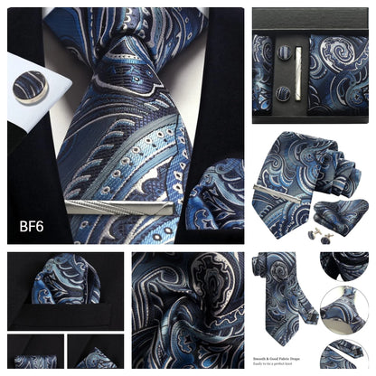 Corbata de seda 100% con diseño floral de Paisley para hombre con pañuelo de bolsillo, pasador de corbata y gemelos en caja de regalo