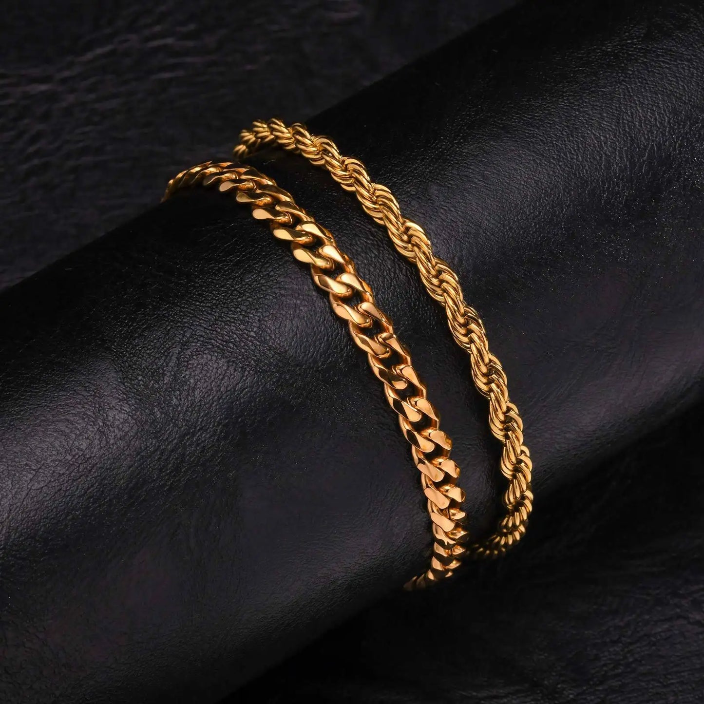 2-Piece Men's Chain Bracelet Set – Stainless Steel Twist Rope & Cuban Link Wristbands in Silver, Gold & Black | Fashion Jewelry Gift