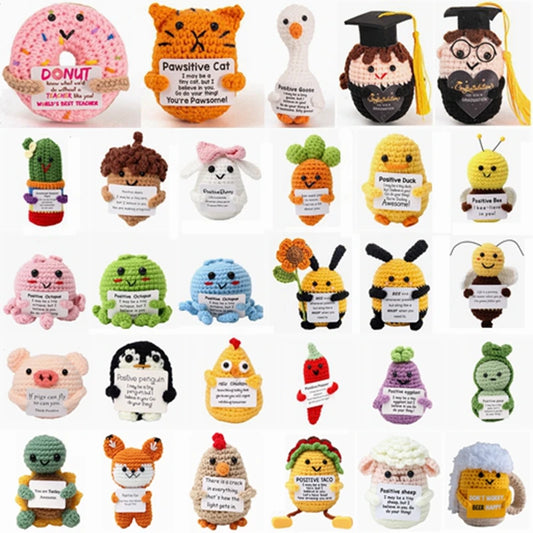 Muñeco de energía positiva tejido a mano – Figura de ganchillo de vegetales y animales con tarjeta para abrazar, regalo festivo hecho a mano y artesanía creativa para decoración del hogar