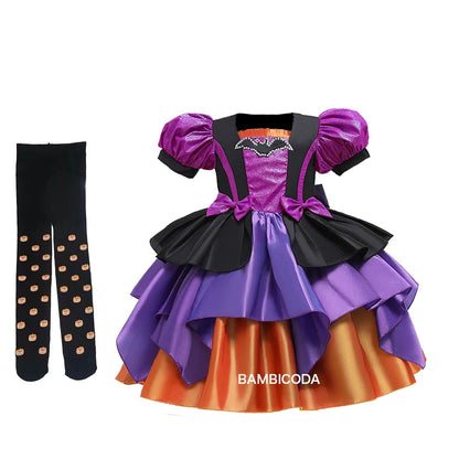 Girls Pumpkin Halloween Costume Dress – Fancy Bat Print Witch Princess Ball Gown for Cosplay, Festival & Party