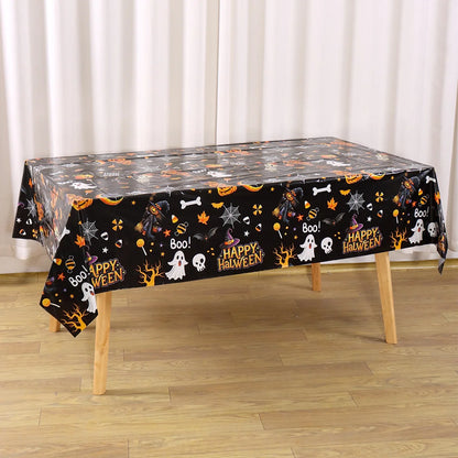 130×220CM Halloween Disposable Plastic Tablecloth – Black Ghost, Skeleton & Witch Pattern Table Cover for Halloween Party Supplies