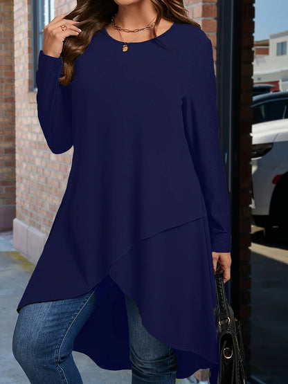 Plus Size Women's Asymmetrical Hem Long Sleeve Top – Elegant Round Neck Solid Color Casual Pullover Shirt