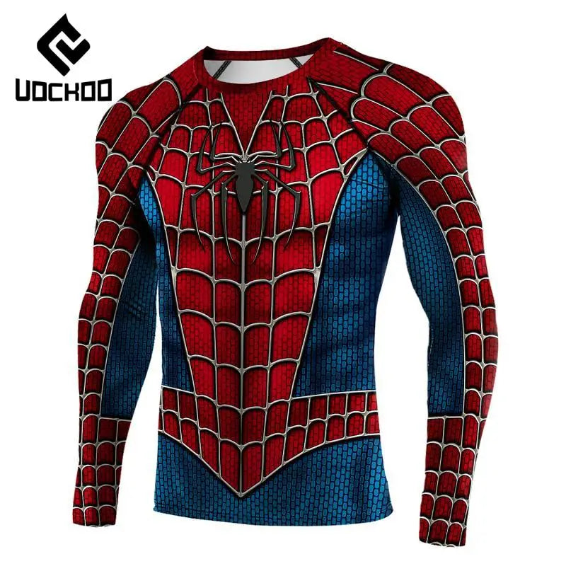 Spider-Inspired Superhero Compression Shirt for Men – Red Blue Long Sleeve Cosplay Workout Performance Top
