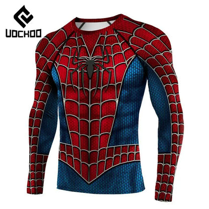 Spider-Inspired Superhero Compression Shirt for Men – Red Blue Long Sleeve Cosplay Workout Performance Top