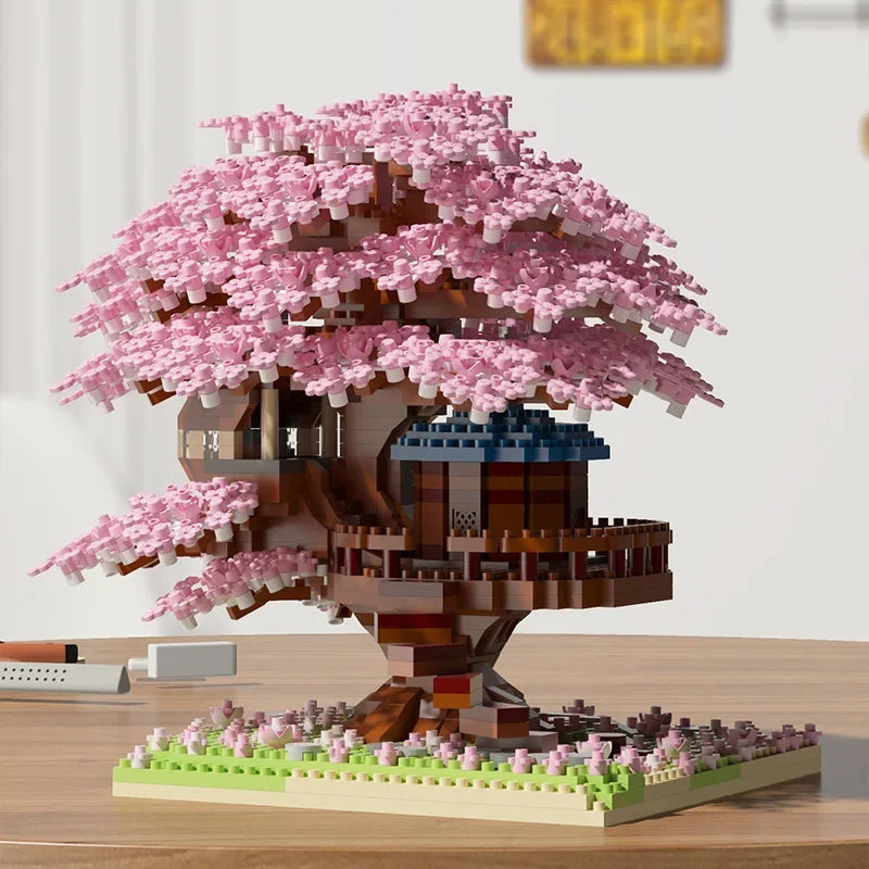 DIY Sakura Tree Building Blocks Set – Cherry Blossom Treehouse Model with LED Lights Romantic Gift Decor