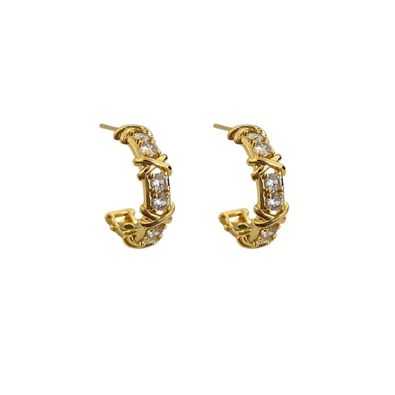 Vintage Double-C Cross Zircon Stud Earrings – Korean Fashion Crystal Earrings for Women | Elegant Engagement Jewelry Gift