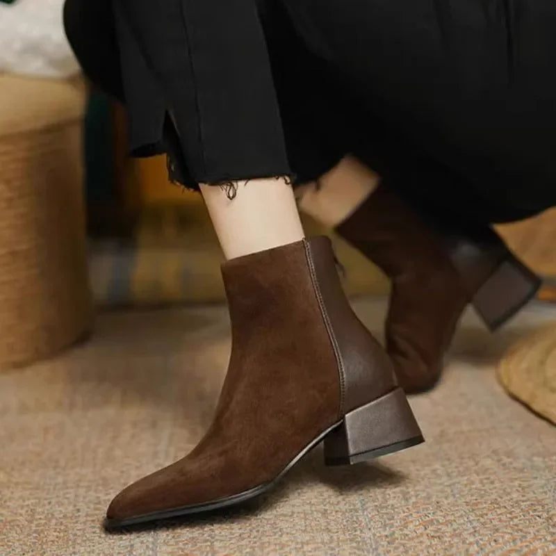 Women's Chelsea Ankle Boots – Stylish Spring & Autumn Frosted Leather Boots with Thick Comfortable Heels, Casual Fashion Shoes