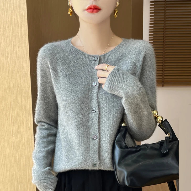 Women's 100% Merino Wool Long-Sleeve Sweater – O-Neck Knit Cardigan-Style Top for Spring & Autumn, Soft Basic Fashion Knitwear