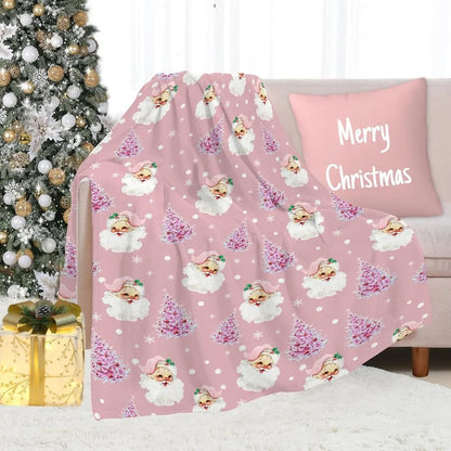 Soft Plush Christmas Blanket – Cute Santa Claus, Pink Christmas Tree & Snowflake Warm Throw Blanket for Couch & Holiday Home Decor