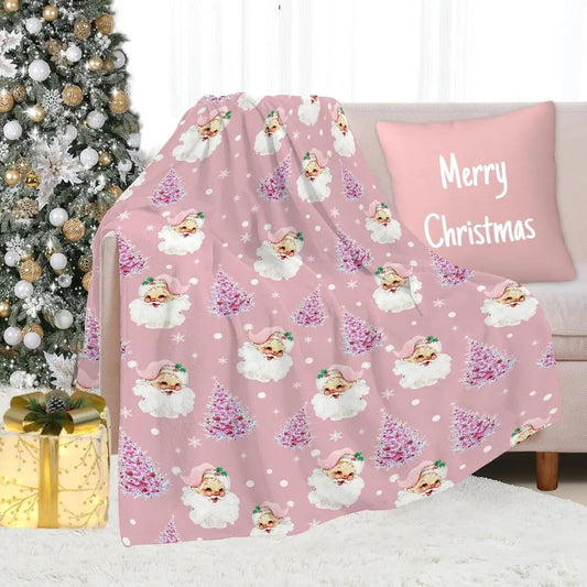 Soft Plush Christmas Blanket – Cute Santa Claus, Pink Christmas Tree & Snowflake Warm Throw Blanket for Couch & Holiday Home Decor