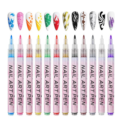 Set de 12 bolígrafos de grafiti para decoración de uñas – Herramientas delineadoras 3D impermeables para manicura y pintura de uñas DIY