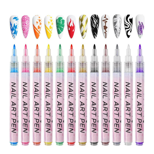 Set de 12 bolígrafos de grafiti para decoración de uñas – Herramientas delineadoras 3D impermeables para manicura y pintura de uñas DIY